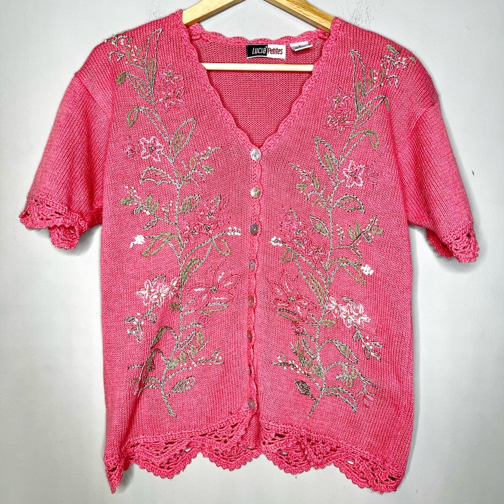 Vintage Floral Sweater Coral Short Sleeve Womens Small Grannycore Cottagecore